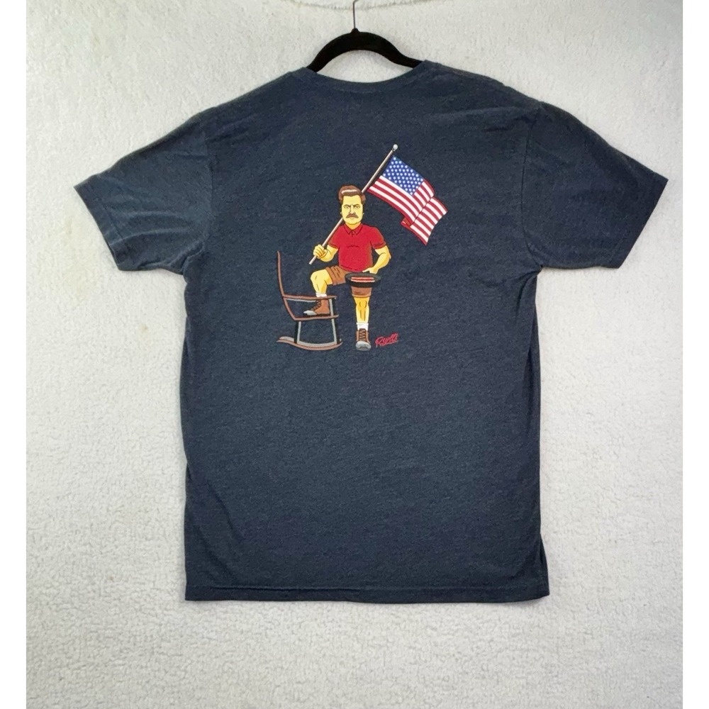 RSVLTS Parks and Recreation Ron Swanson American Flag Graphic T-Shirt Navy Blue